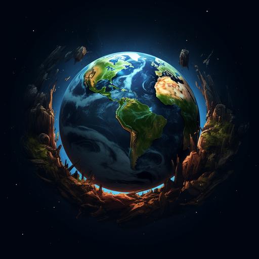 I want a csgo gaming logo with lots of details and some nature, everything made as a round planet and war going on –ar 4:1