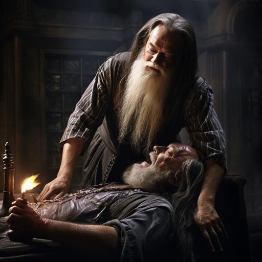 I want a realistic image of Albus Dumbledore treating Harry Potter with back pain with chiropractic.