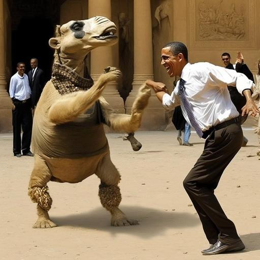 I want a realistic picture of obama dancing with a camel