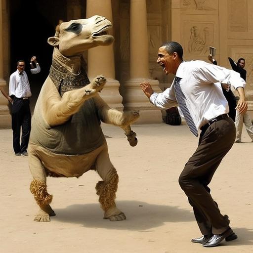 I want a realistic picture of obama dancing with a camel