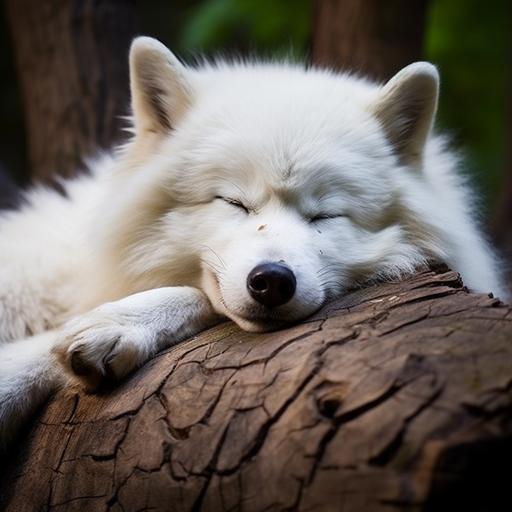 I want a white wolf dog that is sleeping, funny.