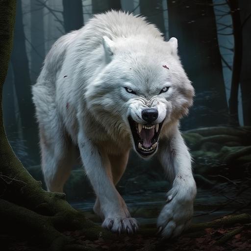 I want a white wolf, with a purple polo shirt or backpack, howling, opening his bear. make it look realistic