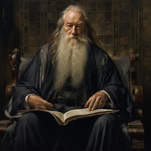 I want an educational drawing of Professor Albus Dumbledore, by actor Michael Gambon. I want a realistic image treating Harry Potter with back pain with chiropractic.
