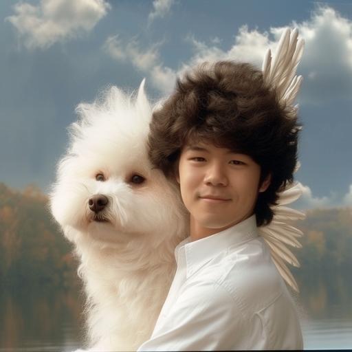 I want you to picture the person in this picture sitting atop a giant bichon frise. This is no ordinary dog, but a majestic creature with fur as white and fluffy as a cloud, wings, and the size of a small horse, embodying both the tenderness of a pet and the grandeur of a mythical horse. The Bichon's eyes sparkle with intelligence and magic, and its paws glide across the lake, barely touching the ground. Harry Potter --v 6.0