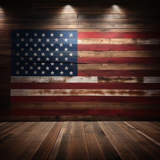 I would like a photo realistic backgroud for my zoom videos. It should be a pine board wood wall in like an upscale barn with an American flag hanging on the wall.