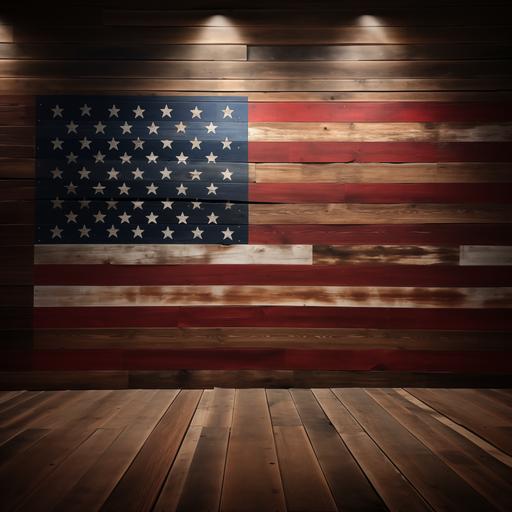 I would like a photo realistic backgroud for my zoom videos. It should be a pine board wood wall in like an upscale barn with an American flag hanging on the wall.