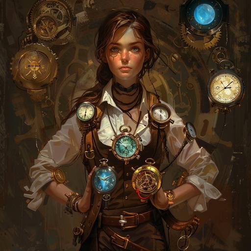 I would like a steam punk picture of a female watch maker who is about 20 years old, she is wearing 6 watches, 2 on each wrist and then one on each pocket on her left pants pocket and one pocket watch on her shirt pocket. Each watch has a different element of earth, fire, water, air, light and dark.