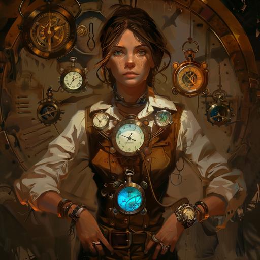 I would like a steam punk picture of a female watch maker who is about 20 years old, she is wearing 6 watches, 2 on each wrist and then one on each pocket on her left pants pocket and one pocket watch on her shirt pocket. Each watch has a different element of earth, fire, water, air, light and dark. --v 6.0