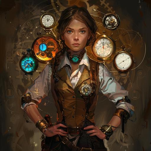 I would like a steam punk picture of a female watch maker who is about 20 years old, she is wearing 6 watches, 2 on each wrist and then one on each pocket on her left pants pocket and one pocket watch on her shirt pocket. Each watch has a different element of earth, fire, water, air, light and dark. --v 6.0