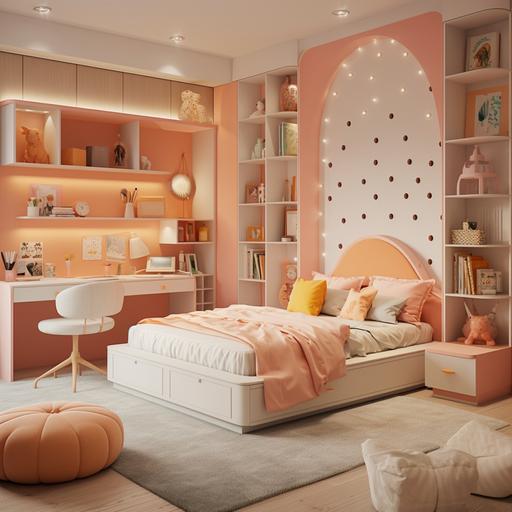 I would like to create a girl's room with a regular bedroom layout, featuring a peach-colored bookshelf and wardrobe.
