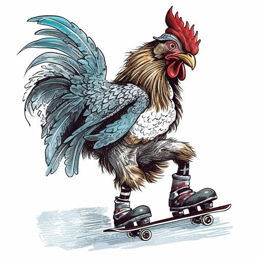 ICE ROOSTER RIDING SKATE, ART COMICS 80 STYLE, WHITE BACKGROUND