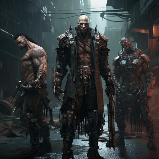 cyberpunk group of butcher cult cyborg giants in criso coats with scythes and savage servodrive hatchets, super quality