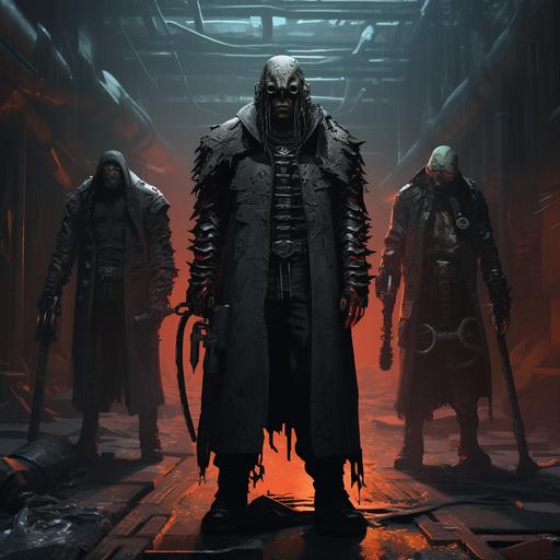 cyberpunk group of butcher cult cyborg giants in criso coats with scythes and savage servodrive hatchets, super quality