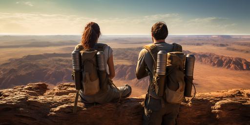 IMAGE OF 2 BACKPACKERS male and female backs to camera AGAINST THE BACKDROP OF THE HARSH AUSTRALIA OUTBACK LOOKING TO THE DISTANT LANDSCAPE, ONE DRINKING THE LAST DROPS FROM A BOTTLE OF WATER --ar 20:10