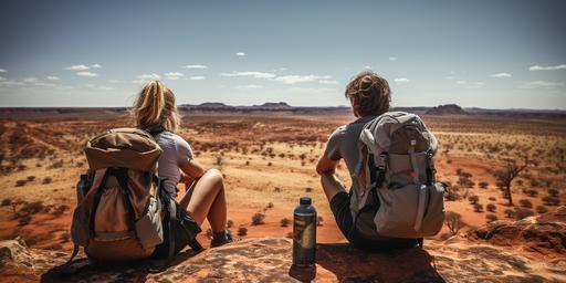 IMAGE OF 2 BACKPACKERS male and female backs to camera AGAINST THE BACKDROP OF THE HARSH AUSTRALIA OUTBACK LOOKING TO THE DISTANT LANDSCAPE, ONE DRINKING THE LAST DROPS FROM A BOTTLE OF WATER --ar 20:10