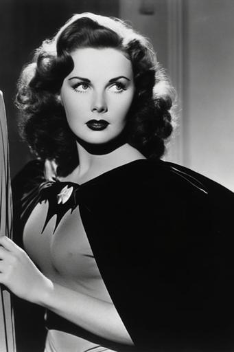 , , , , , , , IMAGE_TYPE: 1940s Film still, black and white, action shot | GENRE: 1940s film | EMOTION: Serious | SCENE: photo of a mid-20s Joan Leslie in costume playing Miss America / Joan Dale from DC Comics in live action film, in character-appropriate costume, long curly black hair, blue cape, red costume, black domino mask, red and white striped skirt, red high heels| LOCATION TYPE: traditional house | CAMERA MODEL: Canon EOS R5 | CAMERA LENSE: 85mm f/1.8 | SPECIAL EFFECTS: Ultra-detailed, ultra-photorealistic, 1940s film grain | TAGS: 8k, award-winning photograph --ar 2:3 --v 5