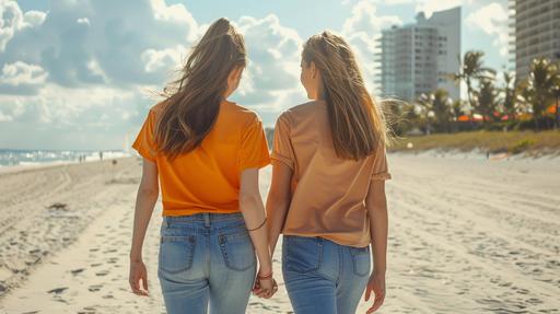 IMAGE_TYPE: Fashion mockup | GENRE: Lifestyle | EMOTION: Stylish and joy | SCENE: on a sunny summer day, golden sunshine, on the beach of Miami Beach in the United States, two girls in their 25s, one wearing an orange T-shirt and the other wearing a sand-colored shirt, were walking on the beach hand by hand. Viewed from the back, The two girls turned their faces and smiled at each other, chatting, looking very happy..They are positioned against the Miami South Beach, the beach looms in the background, with a shadow effect adding depth to the image.| ACTORS: two usa girls about 25s | LOCATION TYPE: Miami South Beach | CAMERA MODEL: DSLR | CAMERA LENS: 50mm f/1.4 | SPECIAL EFFECTS: None | TAGS: fashion, sunny summer day, golden sunshine, mockup, lifestyle, stylish, high resolution, shadow effect, [Color] background --ar 16:9 --v 6.0