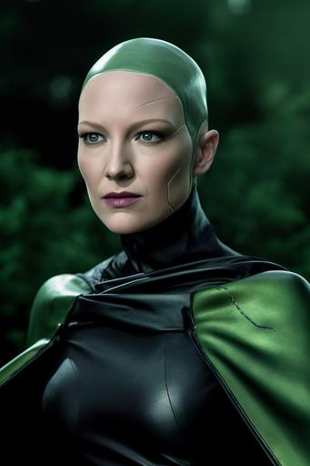 , , , , IMAGE_TYPE: Film still, action shot from the side | GENRE: Modern | EMOTION: Serious | SCENE: photo of a bald Anna Torv in character-appropriate makeup and costume portraying Moondragon/Heather Douglas from Marvel Comics in a live action film, no hair on top of head, heavy green eyeshadow, flowing green cape | LOCATION TYPE: Outside, daytime | CAMERA MODEL: Canon EOS R5 | CAMERA LENSE: 100 mm f/1.2 | SPECIAL EFFECTS: Ultra-detailed, ultra-photorealistic | TAGS: 8k, award-winning photograph --ar 2:3 --v 5