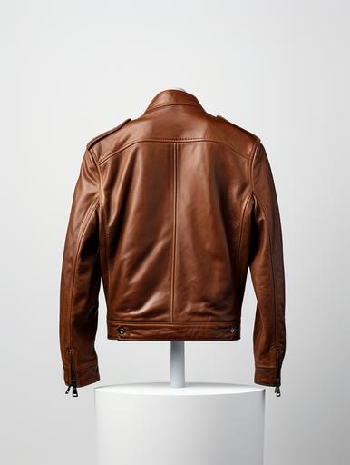 /IMAGE_TYPE: Product photography | GENRE: Fashion | EMOTION: Stylish | SCENE: the back of A hanging plain fashion brown leather jacket positioned for mockup design, showcasing its high resolution and high-quality leather, with a subtle shadow effect. The jacket is displayed against a backdrop of a white photo studio with a white wall in the background. | ACTORS: None | LOCATION TYPE: Indoor setting | CAMERA MODEL: Canon EOS 5D Mark IV | CAMERA LENS: 50mm f/1.2 | SPECIAL EFFECTS: Soft lighting | TAGS: product mockup photography, fashion, stylish, mockup design, realistic, high resolution, high quality, shadow effect, [Surroundings], [white Background color and material] background --ar 9:12