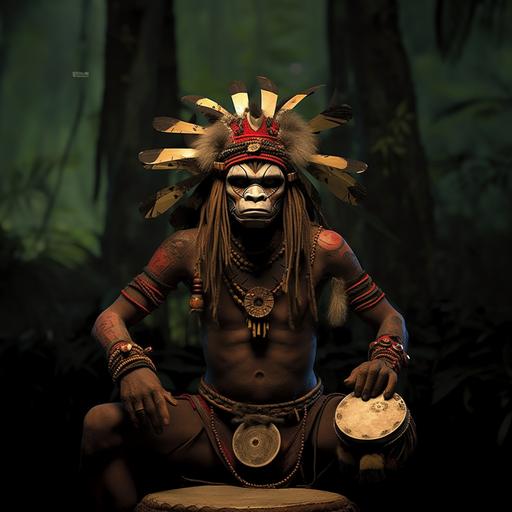 IN A HUGHE DENSE RAIN FOREST ENVIRONMENT WITH BIRD MASK WILD FAUNA - THE ARCHETYPAL FULL BODY WILDMAN KING, STANDING TALL ON A RED ROCK, WITH AN TRIBAL MARKINGS HIS LEOPARD SKIN SHOES, REG PARK BUILT BODY, IS ADORNED WITH MANY SACRED GEMS AND FINELY CRAFTED JEWELLERY. BIG BRASS GONGS, DRUMS, , SUNBEAMS THROGH THE FOREST, POWER SHOT CINEMATIC, HERO LIGHTING, ULTRA-REALISTIC, MASTER SHOT, STEREOSCOPIC 3D RENDER PARALLEL VIEWS --v 5.2