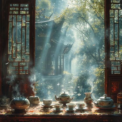 IN the gate, there are bright windows, a tea table, there are teacups emitting steam. --v 6.0 --s 750