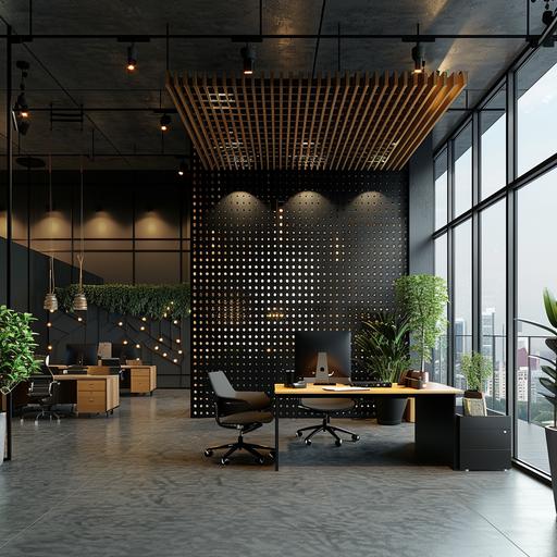 INTERIOR DESIGN office space, L-shape, modern style, workstations, perforated steel wall cladding, touch of wood wall cladding , little plants, large windows,spacious feeling, not too dark colors,photorealistic, HD