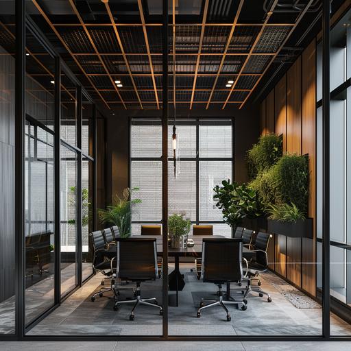INTERIOR DESIGN office space, L-shape, modern style,consisting of meeting room, workstation, manager office, perforated steel wall cladding, touch of wood wall cladding , little plants, large windows,photorealistic, HD