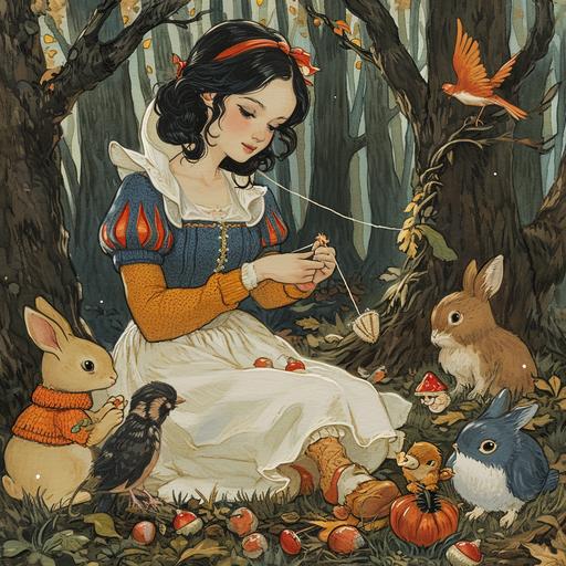 Idyllic and enchanting scene straight out of a classic fairytale, featuring Snow White knitting a ugly sweater in a serene forest glade. Around her, a gathering of woodland creatures and birds, each adorably dressed in their own little ugly sweaters. The animals and birds, from fluffy rabbits to chirping sparrows, are watching Snow White with fascination and joy as she skillfully knits. The sweaters worn by the animals are colorful and whimsical, with patterns of acorns, leaves, and berries, perfectly complementing the forest setting. The whole scene is bathed in a warm, golden light, creating a sense of peace and magical charm, as nature and fairytale come together in a moment of serene beauty and communal warmth --v 6.0 --s 250