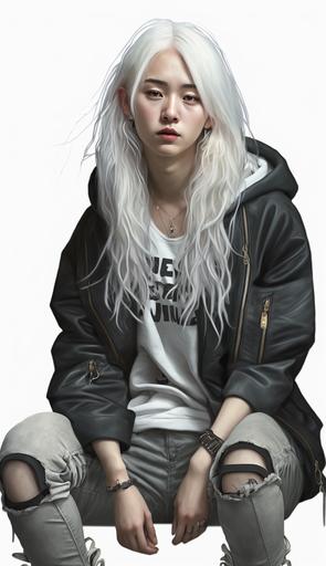 Korean Teenage Woman, White Hair, Wearing Streetwear, Squatting pose, Skinny Woman, Full Body, streetwear, y2k, white background, Hyperrealistic, Ultra Realistic, 4K, full potrait, --ar 9:16