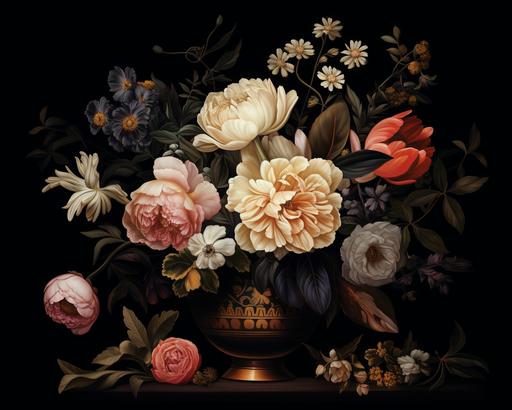 Illustrate a Pre - Raphaelite - inspired floral display in a realistic yet romantic style. The bouquet sits in a brass vase on a tablecloth. Muted colour palette on a black background --ar 5:4
