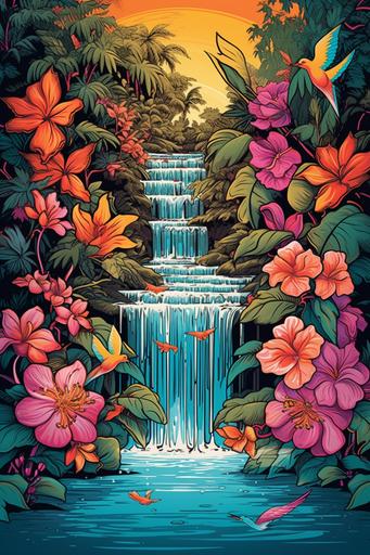 Illustrate a colorful vector design featuring an overflowing waterfall of tropical flowers. The cascade should be ideal for the lateral of a beach tennis net, symbolizing the abundance of summer's floral beauty. --ar 2:3