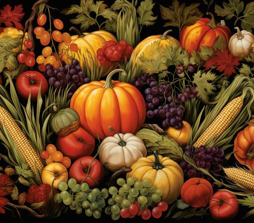 Illustrate a pattern showcasing an abundant harvest scene, with pumpkins, gourds, apples, and corn, all set against a backdrop of warm fall colors, seamless --ar 2000:1763