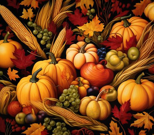 Illustrate a pattern showcasing an abundant harvest scene, with pumpkins, gourds, apples, and corn, all set against a backdrop of warm fall colors, seamless --ar 2000:1763