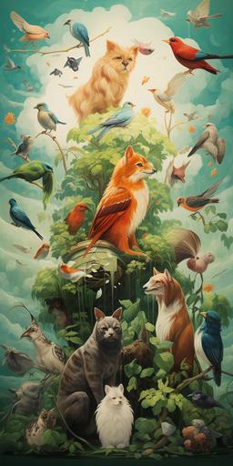 Illustrate a poster with a cat, a dog, a bird and other animals, more clear, art exhibition poster, poster that is not figurative, --ar 1:2