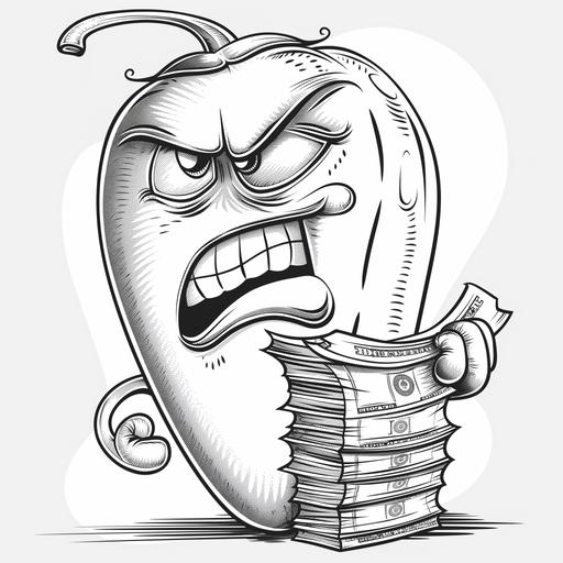 Illustrate a spicy pepper confidently clutching a substantial stack of money. Let the pepper exude a sense of boldness and determination, angry face, with crisp bills peeking out, on white background, cartoon style, in the style of simplified and stylized portraits, barbizon school, vividly bold designs, high resolution, black and white, format as coloring page --v 6.0