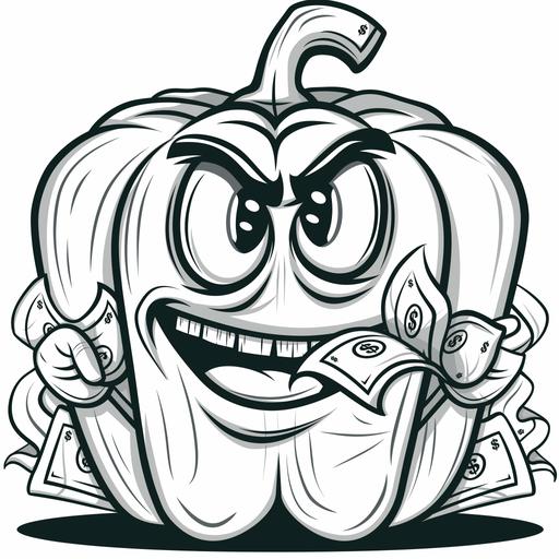 Illustrate a spicy pepper confidently clutching a substantial stack of money. Let the pepper exude a sense of boldness and determination, angry face, with crisp bills peeking out, on white background, cartoon style, in the style of simplified and stylized portraits, barbizon school, vividly bold designs, high resolution, black and white, format as coloring page --v 6.0