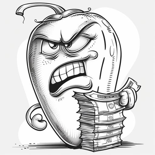 Illustrate a spicy pepper confidently clutching a substantial stack of money. Let the pepper exude a sense of boldness and determination, angry face, with crisp bills peeking out, on white background, cartoon style, in the style of simplified and stylized portraits, barbizon school, vividly bold designs, high resolution, black and white, format as coloring page --v 6.0