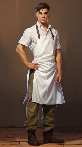 Illustrated vector full body shot of handsome muscled man wearing chef white full apron and white tennis shoes --ar 9:16 --q 2 --s 750