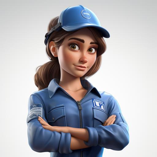Illustration, German female blue-collar employee, about thirty years old, Factory Technician Automotive Manufacturing, stressed, white background, cartoon, IP character, Pixar style, super realism, exquisite 3D rendering, 3d, 4k, blender, C4D