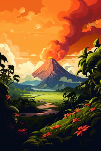 Illustration Volcano, cartoon, flat disney style. --ar 2:3