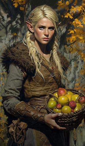 Illustration by JAE LEE and Richard Corben, a female Dalish elf from Dragon Age, with a young sleek face and clear blue eyes. Blonde long haircut - by Hideaki Anno she's commoners clothes in Dalish Elf style with tweed texture, brown or black fur around neckline and shoulders and she is holding a basket with fruits - Background painting by Frank Frazetta, The background is a deep forest in the Dales, Orlais. - cinematic scene is mighty, fantasy with insane details beautifully color graded using pencil, fine lines, FINE BRUSHTROKES, oil painting, SUBDUED. lomography, cinematic lighting, dynamic contrast, hyper detailed, exquisite detail, hdr, deep shadows, high - sharpness, 16k, --v 6.0 --ar 14:24