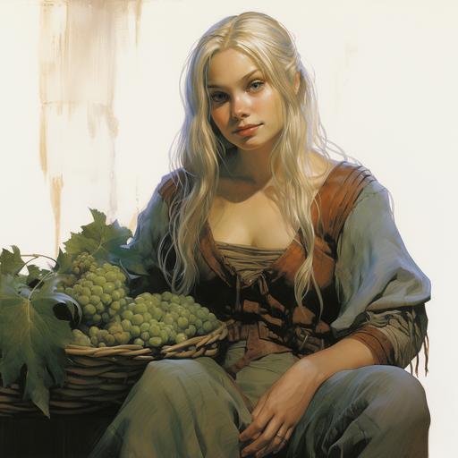 Illustration by JAE LEE and Richard Corben, a female Dalish elf from Dragon Age, with a young sleek face and clear blue eyes. Blonde long haircut - by Hideaki Anno she's commoners clothes in Dalish Elf style with tweed texture, brown or black fur around neckline and shoulders and she is holding a basket with fruits - Background painting by Frank Frazetta, The background is a deep forest in the Dales, Orlais. - cinematic scene is mighty, fantasy with insane details beautifully color graded using pencil, fine lines, FINE BRUSHTROKES, oil painting, SUBDUED. lomography, cinematic lighting, dynamic contrast, hyper detailed, exquisite detail, hdr, deep shadows, high - sharpness, 16k,