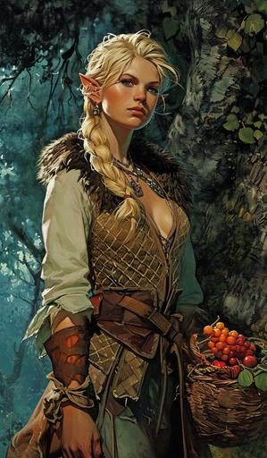 Illustration by JAE LEE and Richard Corben, a female Dalish elf from Dragon Age, with a young sleek face and clear blue eyes. Blonde long haircut - by Hideaki Anno she's commoners clothes in Dalish Elf style with tweed texture, brown or black fur around neckline and shoulders and she is holding a basket with fruits - Background painting by Frank Frazetta, The background is a deep forest in the Dales, Orlais. - cinematic scene is mighty, fantasy with insane details beautifully color graded using pencil, fine lines, FINE BRUSHTROKES, oil painting, SUBDUED. lomography, cinematic lighting, dynamic contrast, hyper detailed, exquisite detail, hdr, deep shadows, high - sharpness, 16k, --v 6.0 --ar 14:24