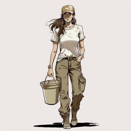 Illustration cartoon of a woman with a light brown hair, a bucket hat, plain beige t-shirt, cargo pants, white background