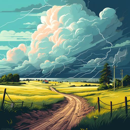Illustration countryside thunderstorm, lightning, cartoon, flat style