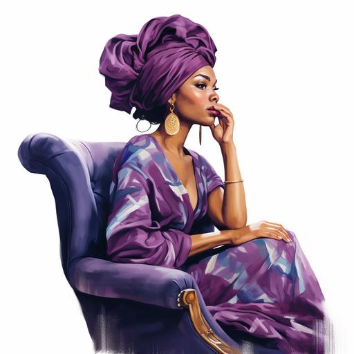 Illustration, gorgeous African American woman, side view sitting on purple velvet chair with high back, African print bandana with knot at the front, white background