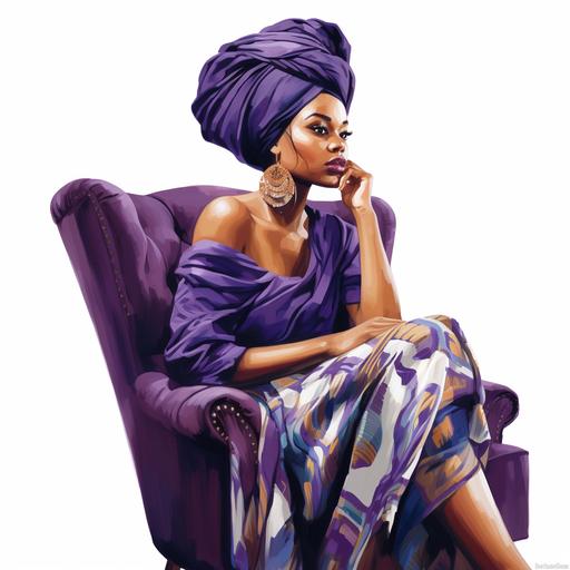 Illustration, gorgeous African American woman, side view sitting on purple velvet chair with high back, African print bandana with knot at the front, white background