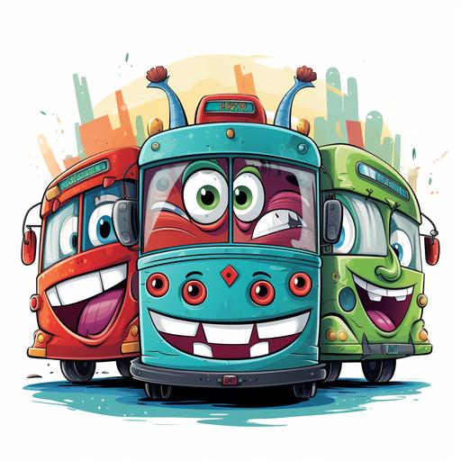 Illustration, inspired by the modern style of Mary GrandPré. Hero boy on three cartoon buses with mouth and eyes: blue, red and green color