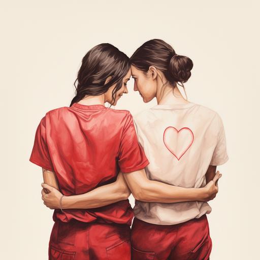 Illustration of 2 women from behind (lesbians) making a heart with their hands