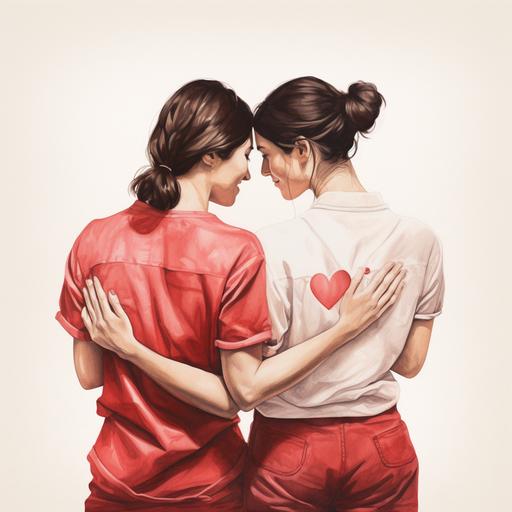Illustration of 2 women from behind (lesbians) making a heart with their hands